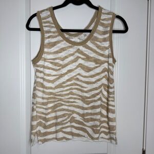 Lou & Grey Zebra Print Sweater Tank Top Tan White Sleeveless Knit Small